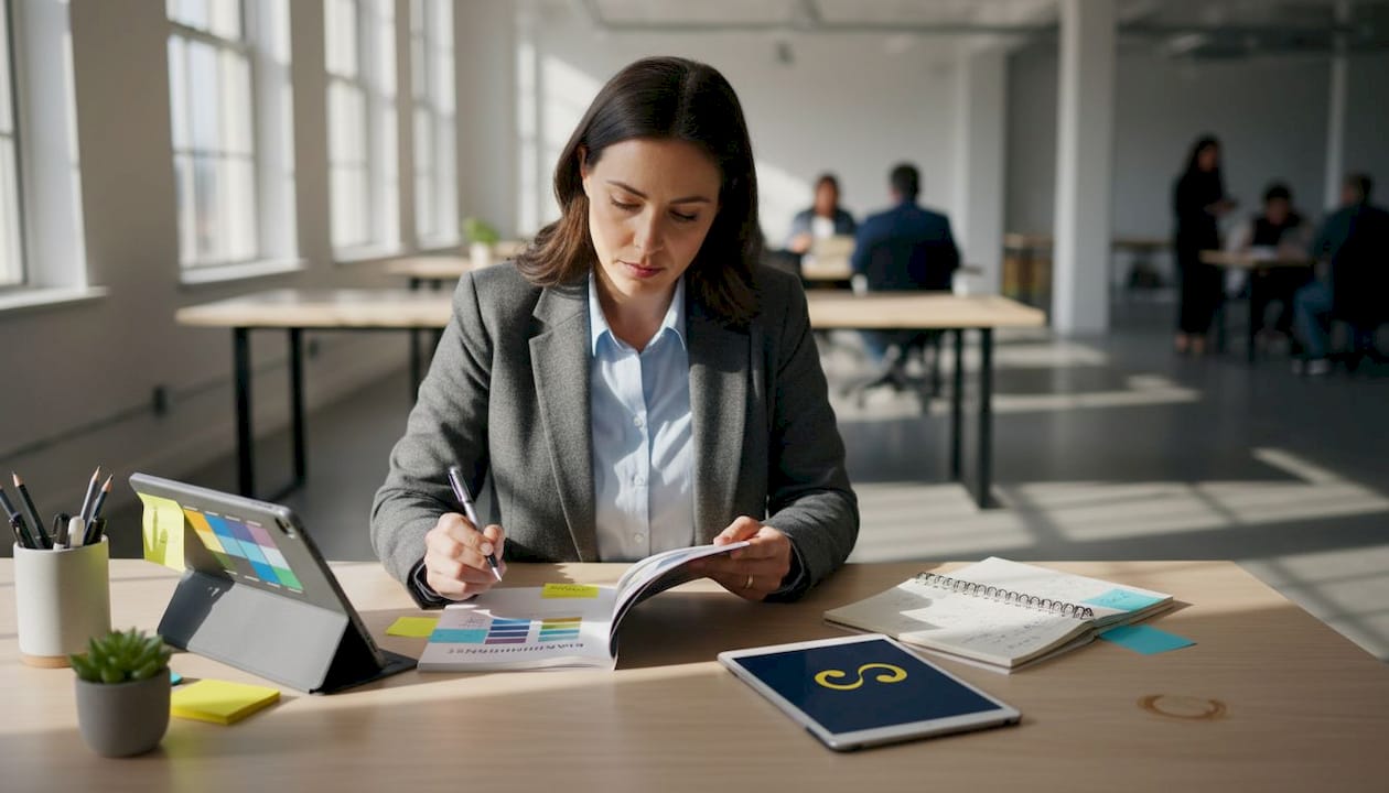 Woman reviewing brand guidelines at desk