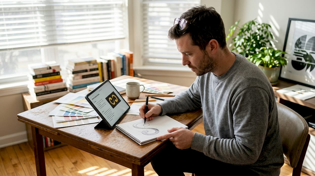 Brand strategist sketching in home office