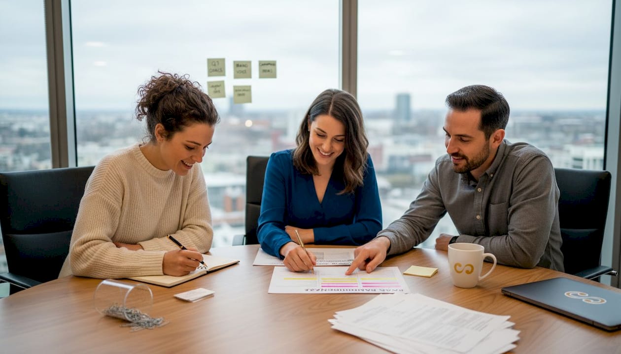 Team reviewing print brand guidelines together