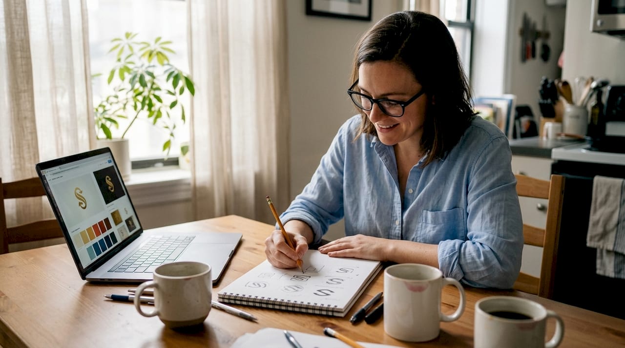 Owner sketching logo designs at kitchen table