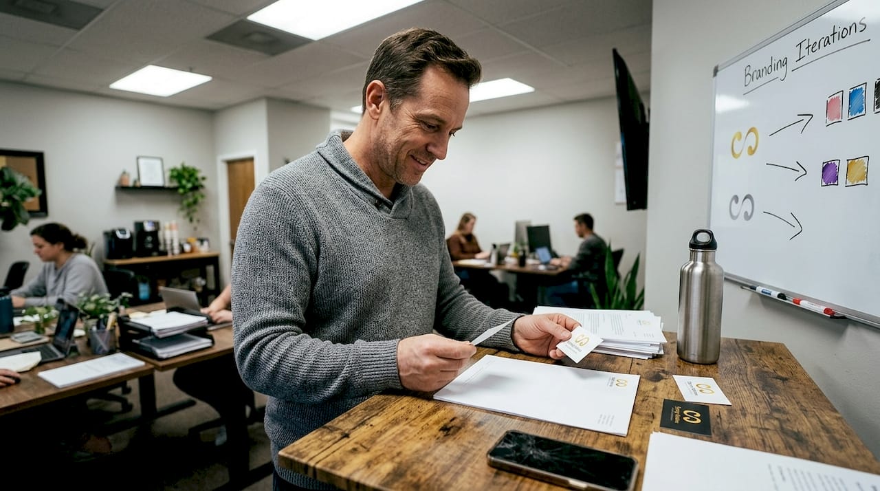 Entrepreneur reviewing logo on business materials