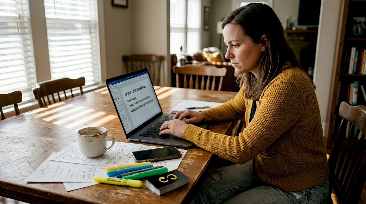 Writer develops brand copy in lived-in workspace