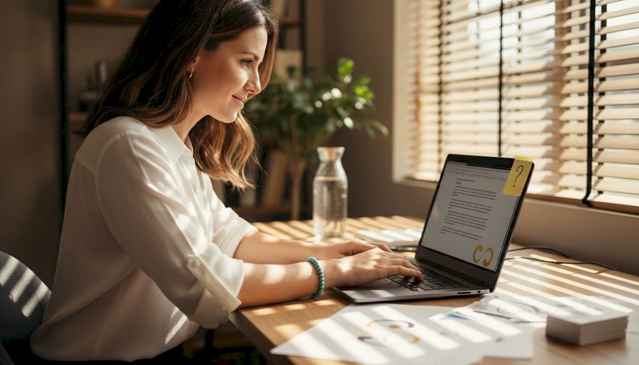 Marketer edits brand messaging at home desk