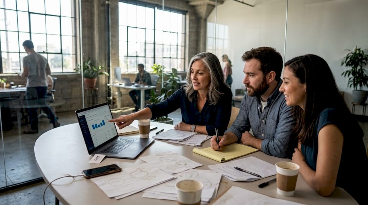 Small business team meeting over marketing analytics