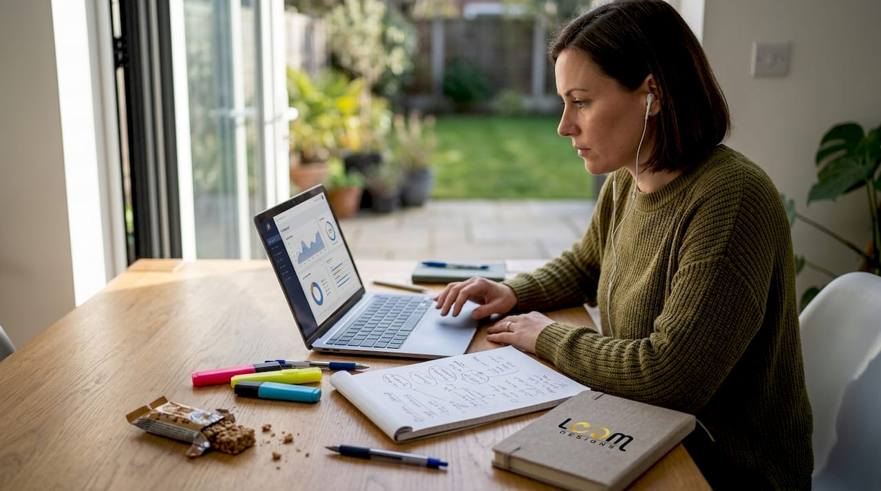 Marketing manager reviewing AI software on laptop