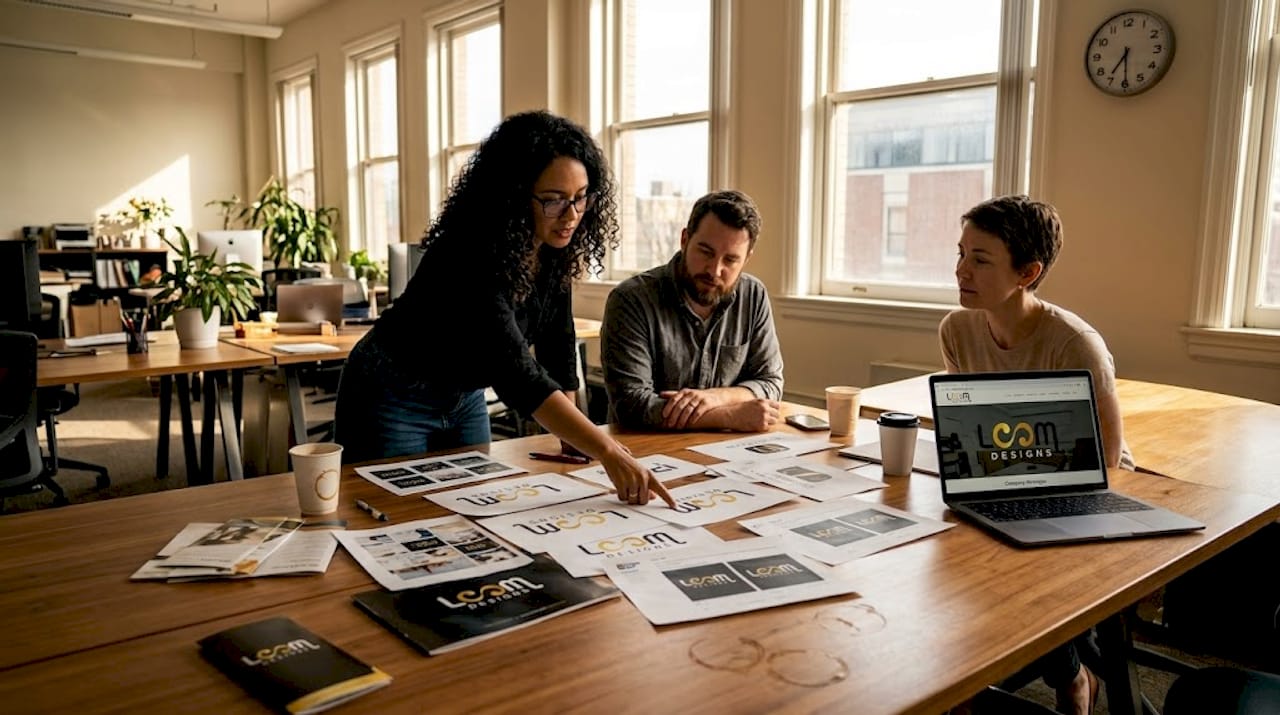 Team reviewing branding consistency at meeting table
