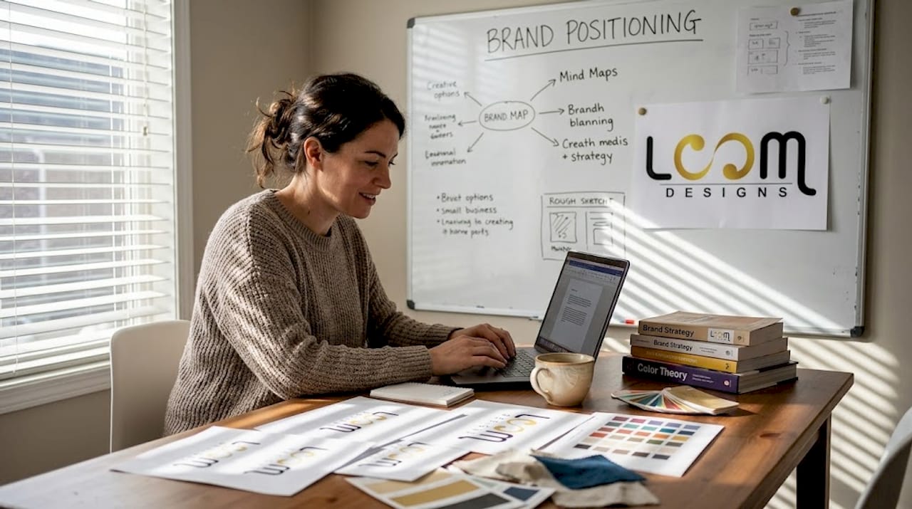 Business owner reviewing brand materials in workspace