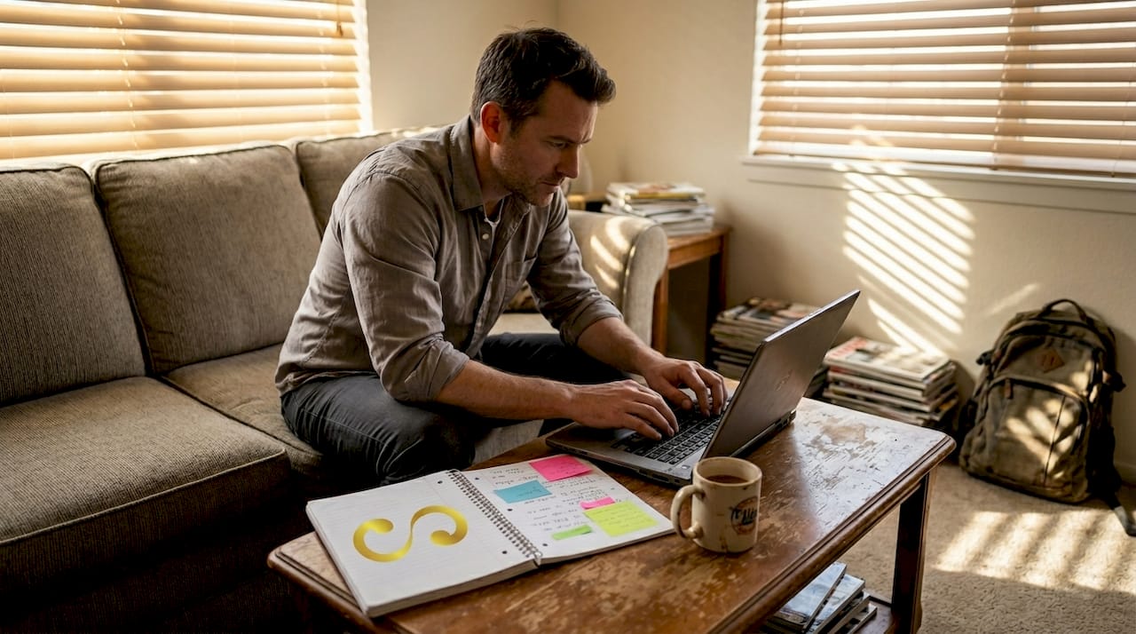 Man planning brand story at home workspace