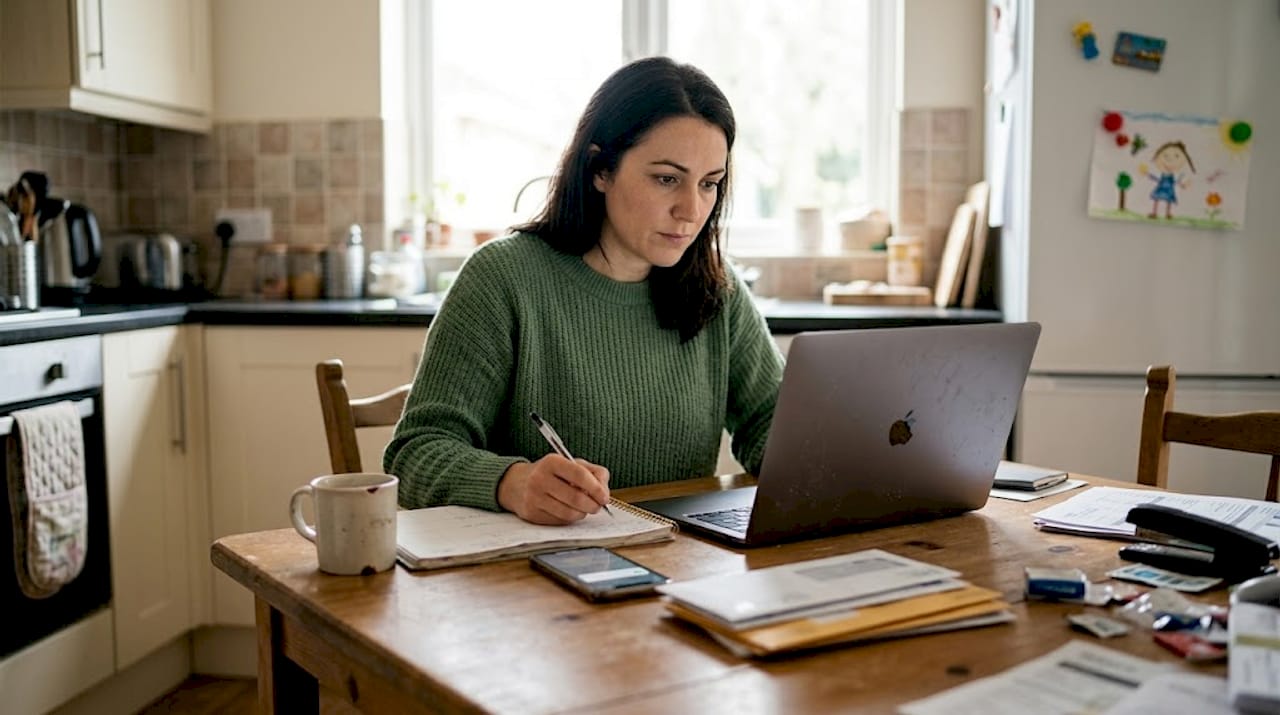 Business owner reviews social ad analytics in kitchen