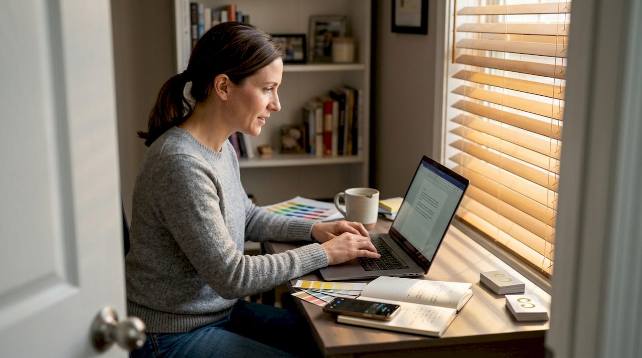Brand manager working at home desk with laptop