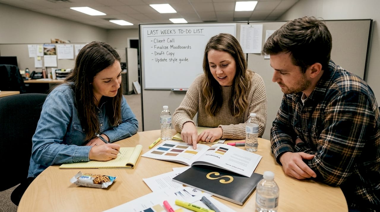 Creative team reviewing printed brand guide