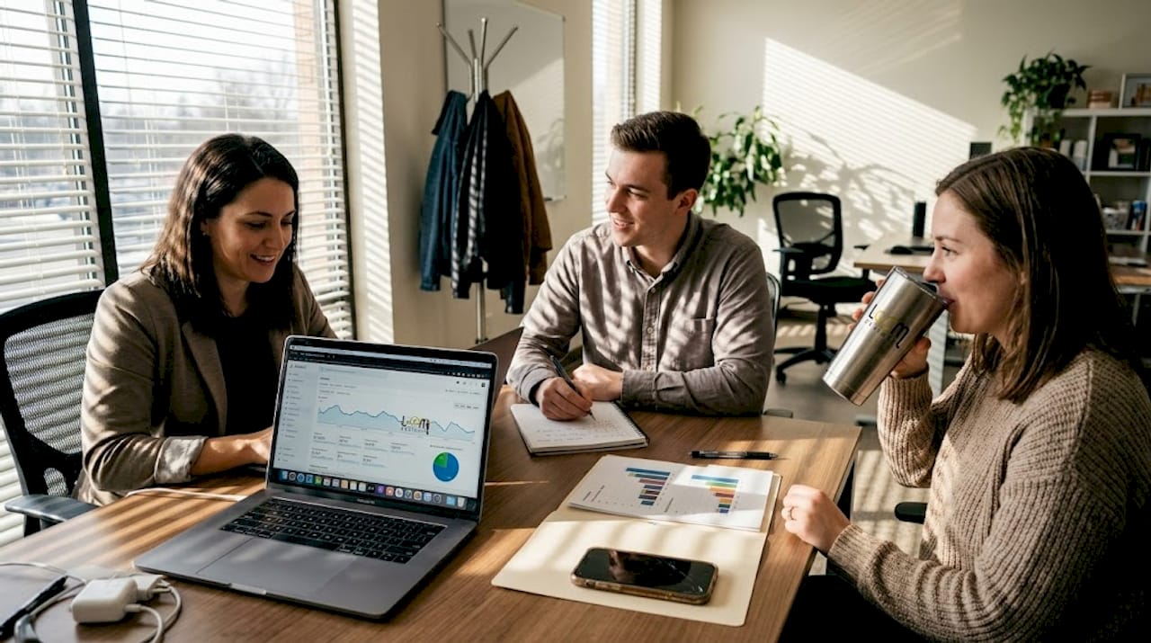 Team reviewing marketing automation reports