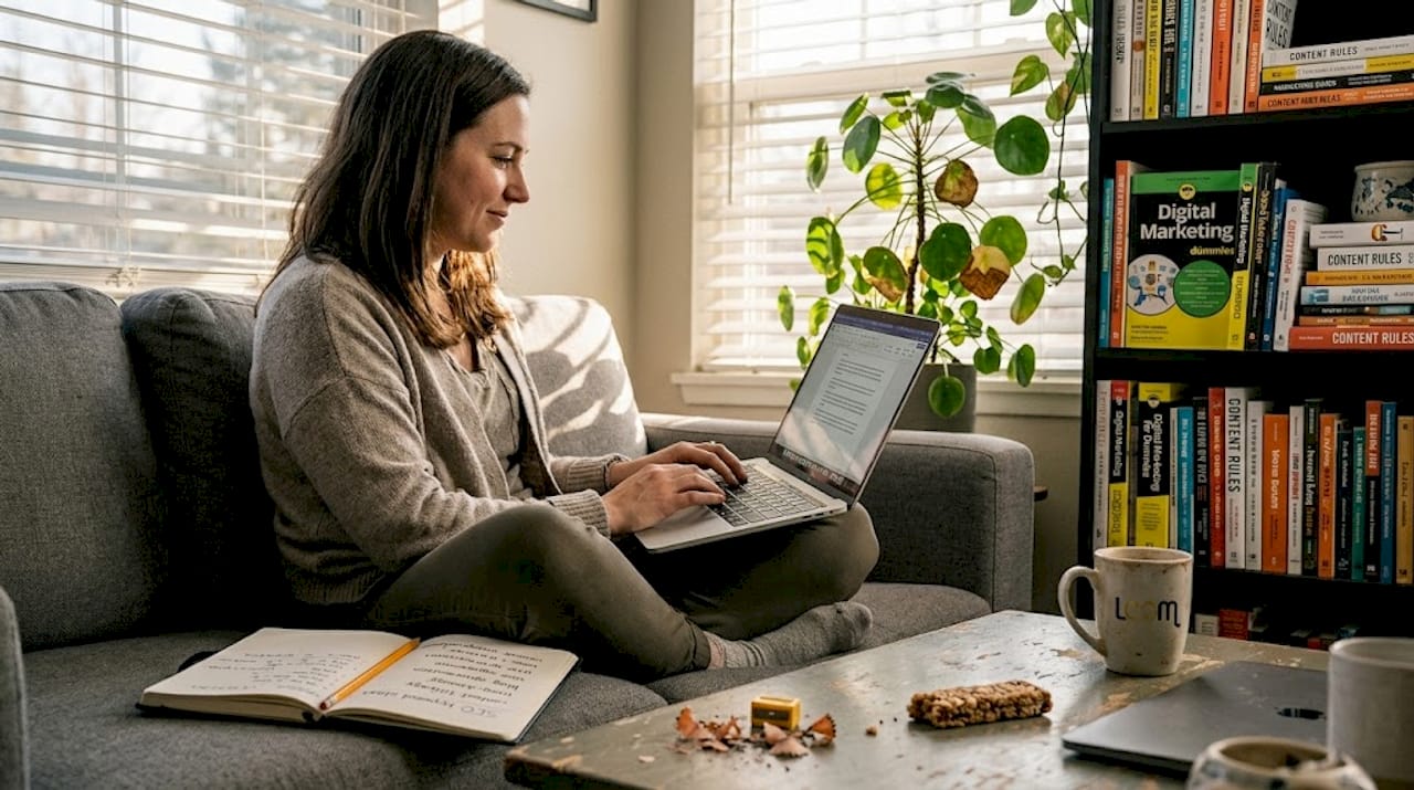 Content marketer editing article at home