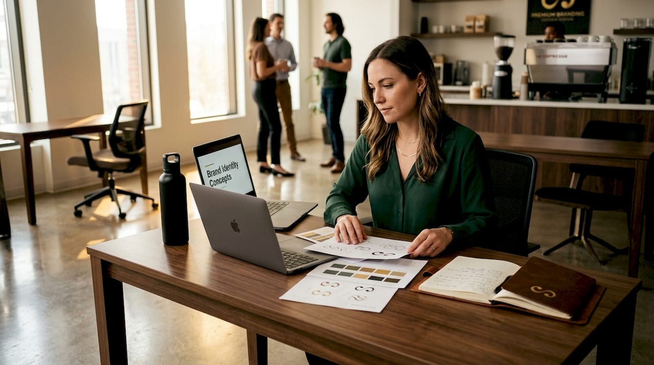 Business owner reviewing brand identity sketches