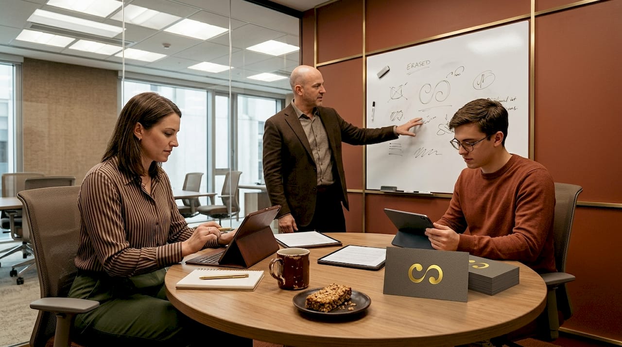 Team discussing brand refresh around whiteboard