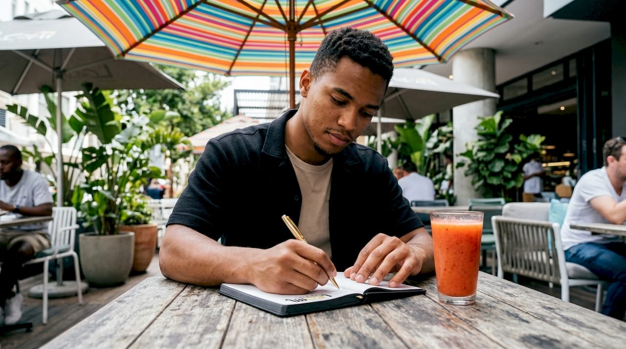 Hands writing notes near tablet and phone in café