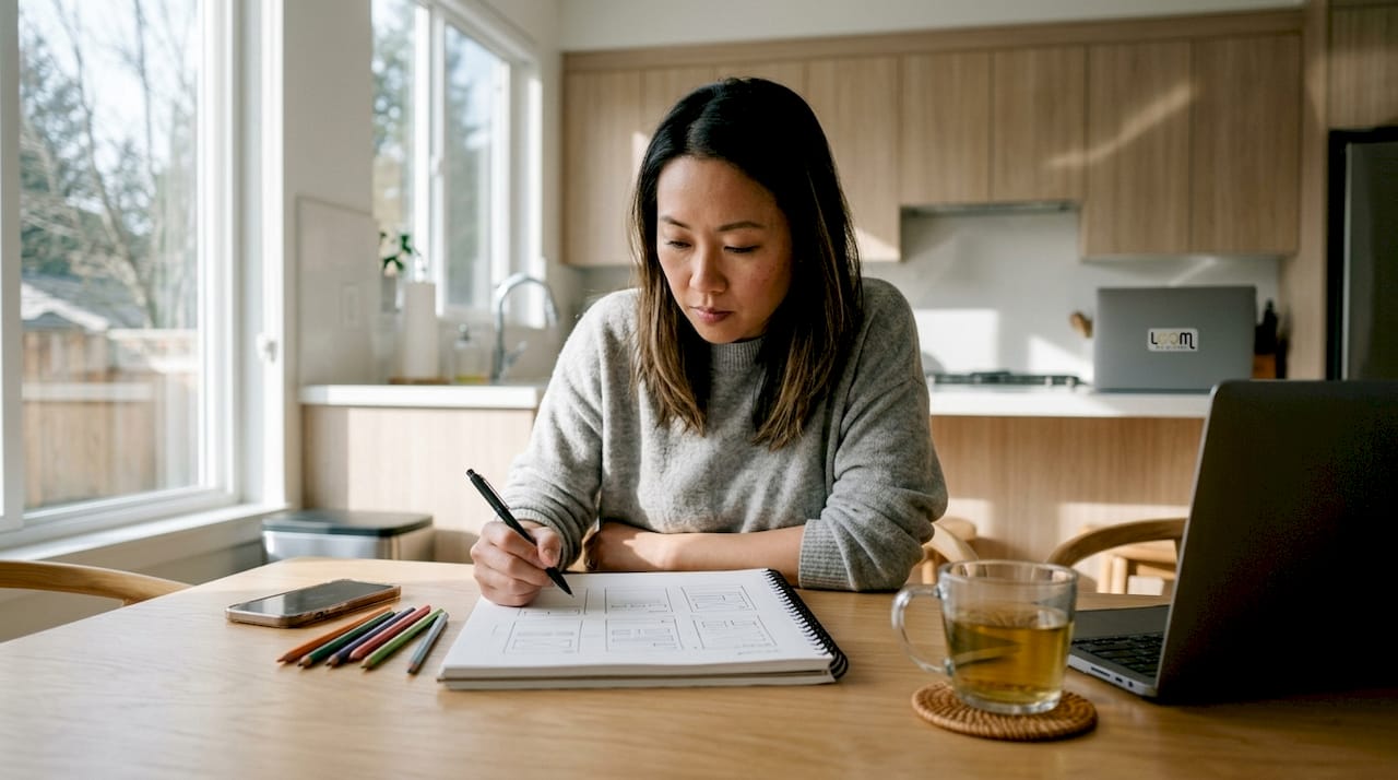 Designer sketching mobile-first wireframes at desk