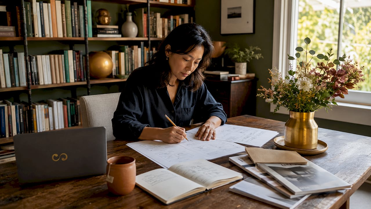 Woman planning website redesign wireframes