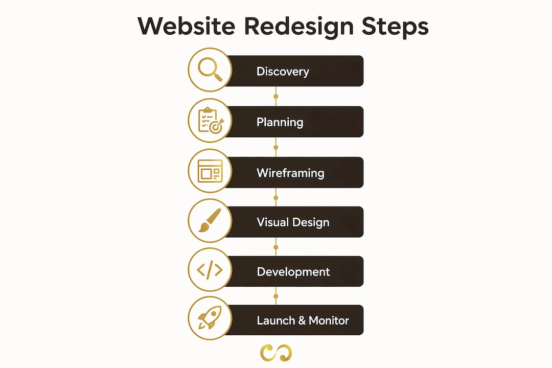 Infographic showing website redesign sequential steps