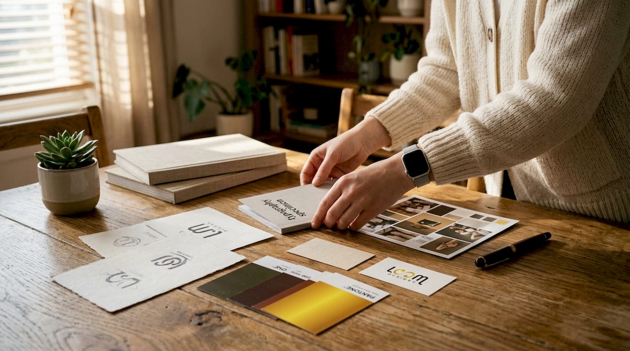 Hands arranging core brand visual identity elements