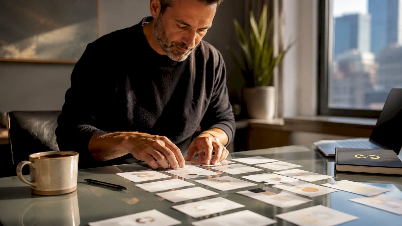 Hands arranging minimalist design principle cards overhead