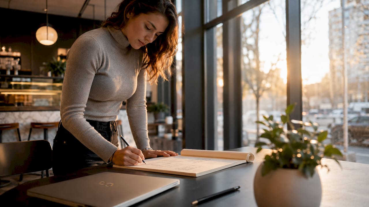 UX designer sketching minimalist website wireframes