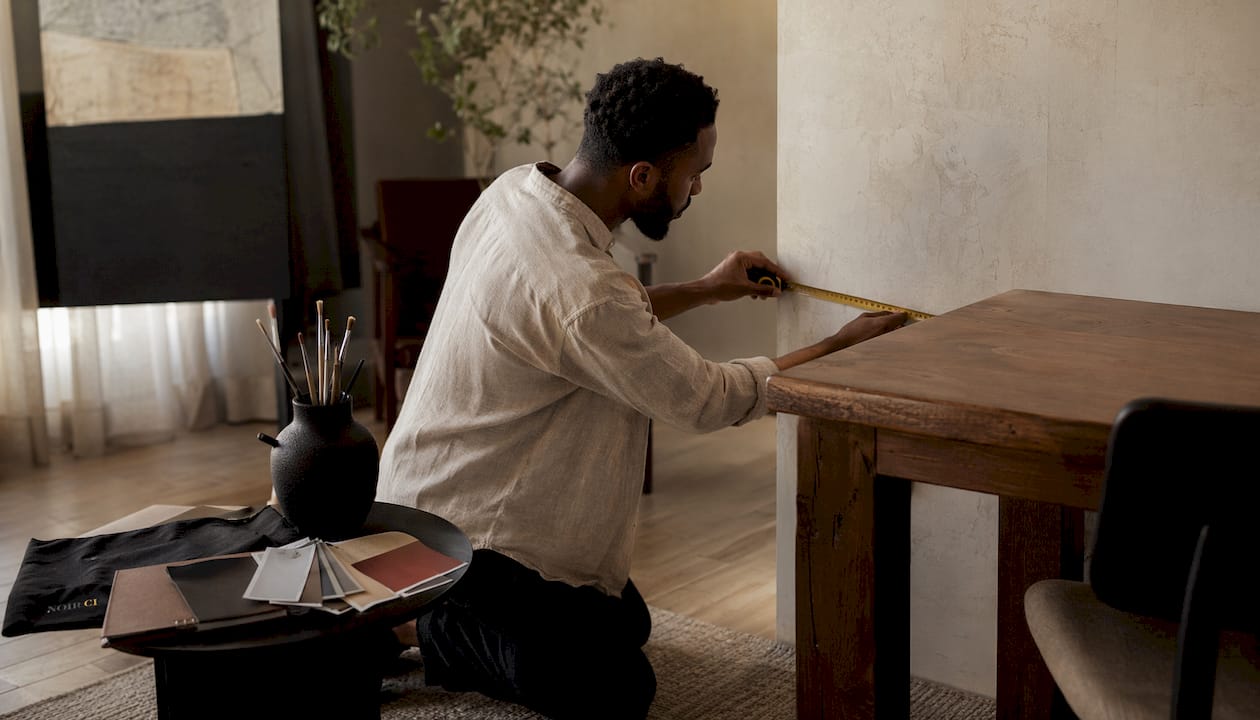Man measuring dining table width for artwork sizing