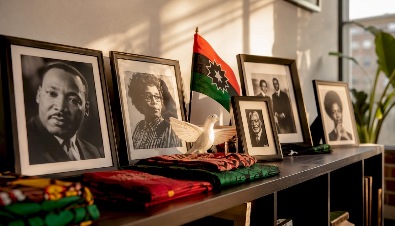 Framed Black heritage photos with Juneteenth symbols