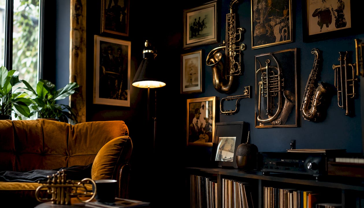 Jazz-themed wall art of instruments and vintage posters
