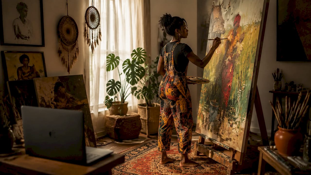 Black woman painting in urban art studio