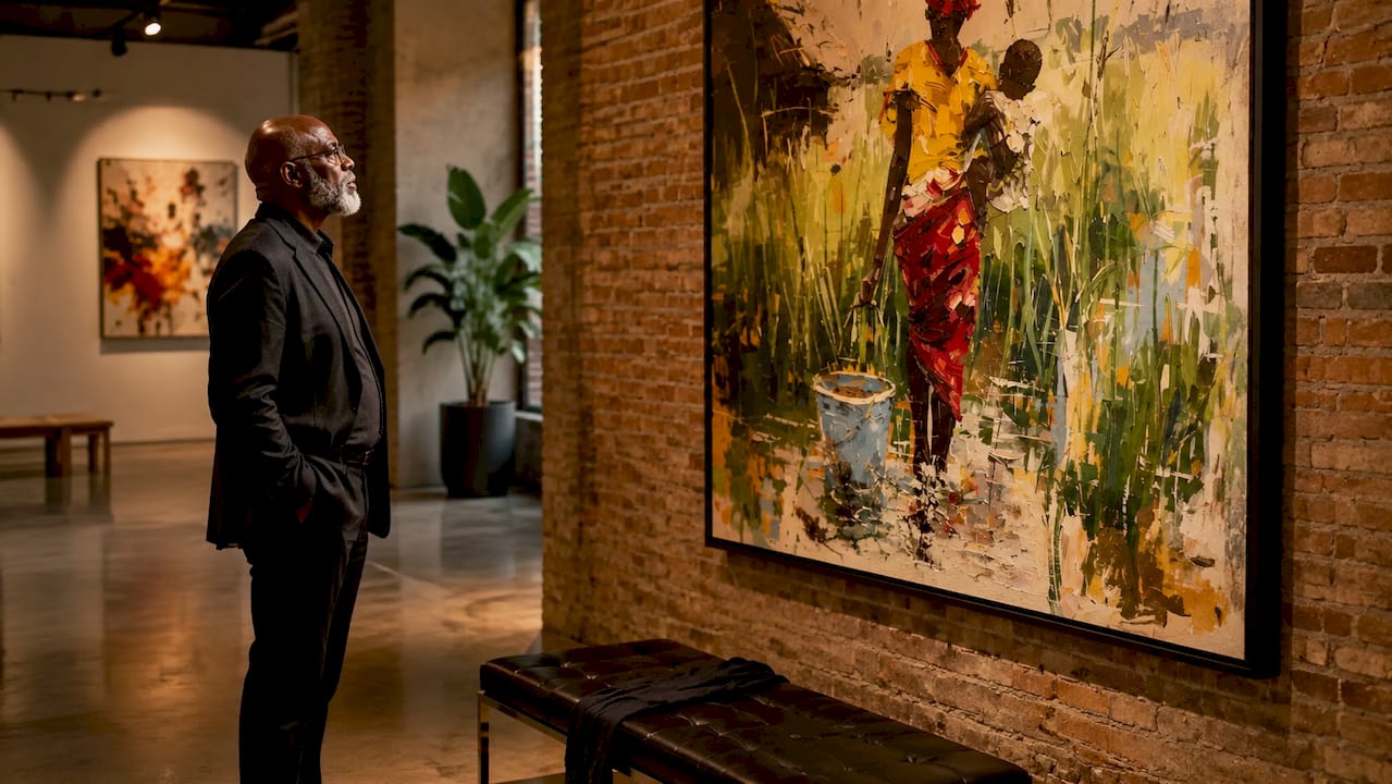 Museum visitor observing Black contemporary painting