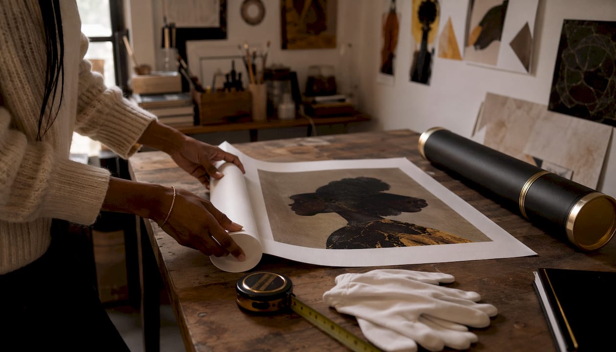 Hands unrolling canvas in gallery storage