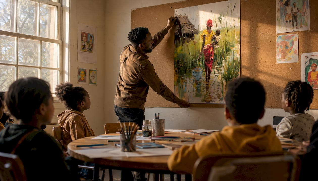 Teacher displaying African heritage canvas in classroom