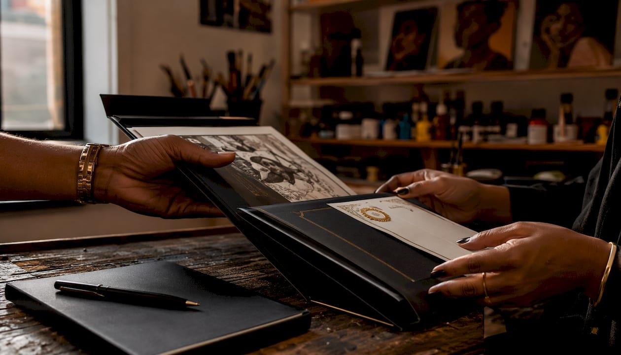 Hands holding certificate and artwork records