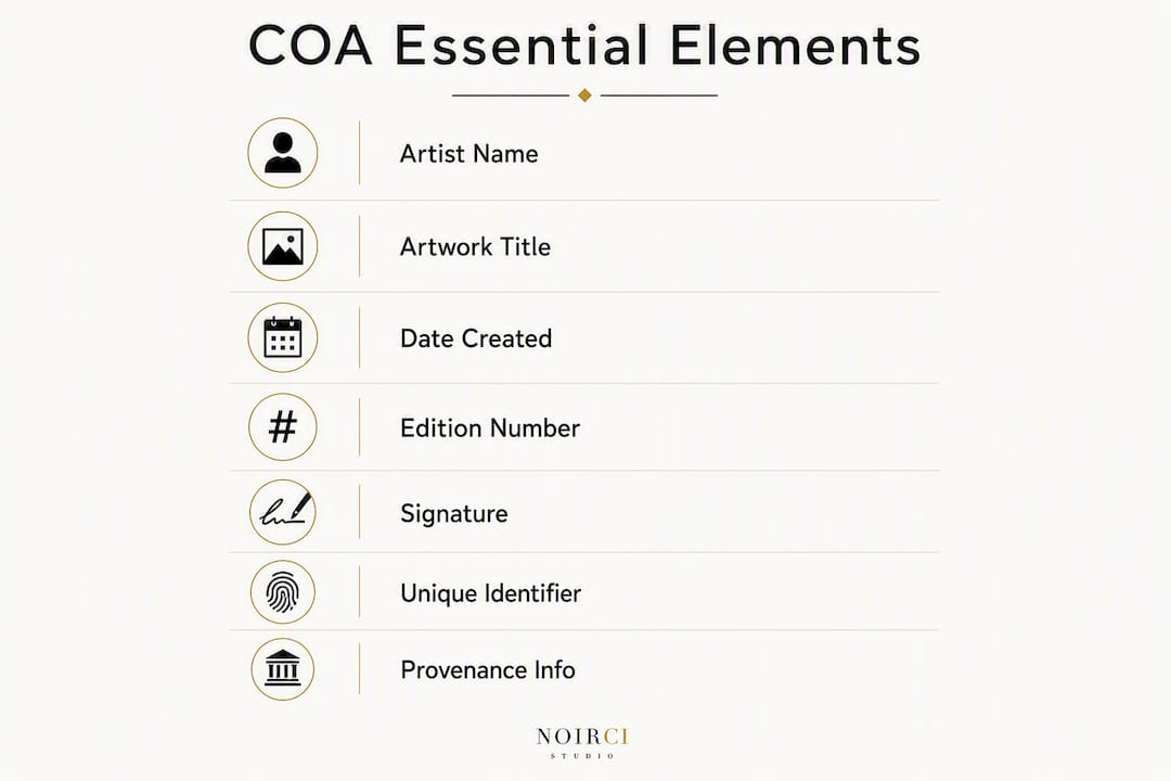 Infographic listing key certificate of authenticity elements for art