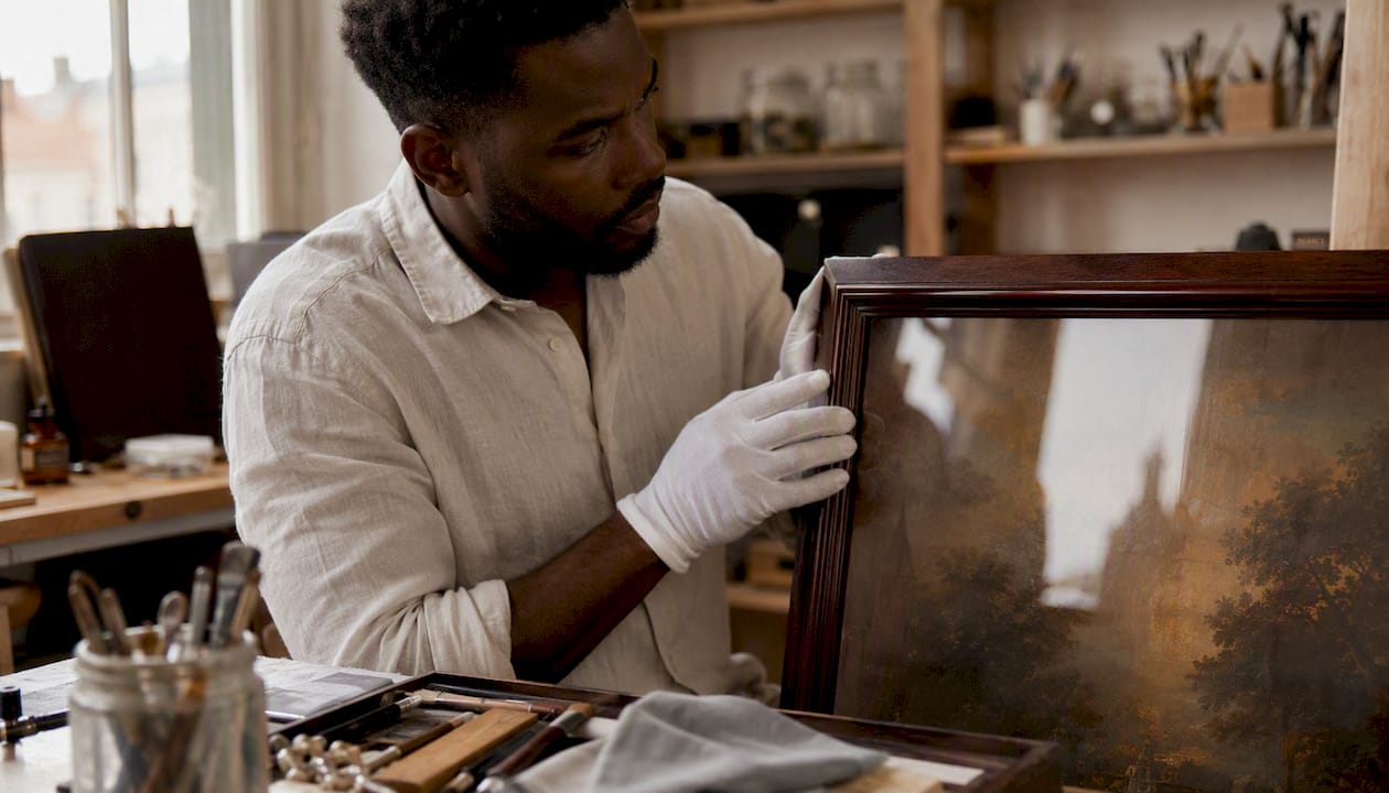 Art conservator inspecting framed canvas details