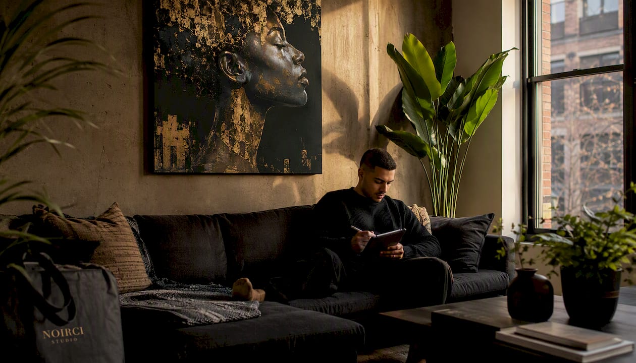 Living room with large unframed canvas and person