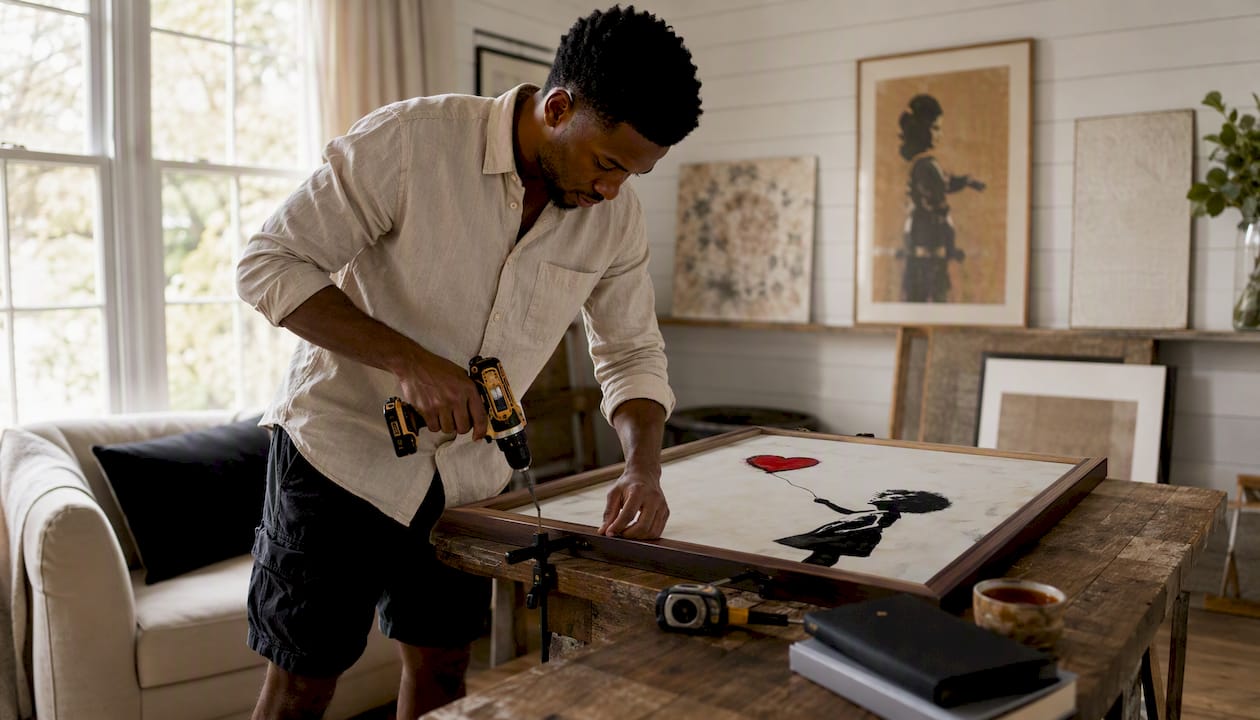 Man DIY framing canvas at home workshop