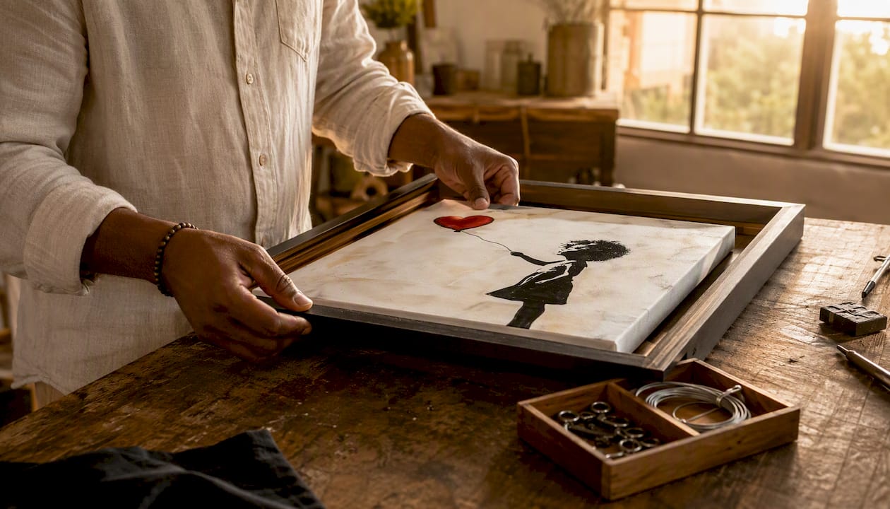 Hands installing floating frame on canvas