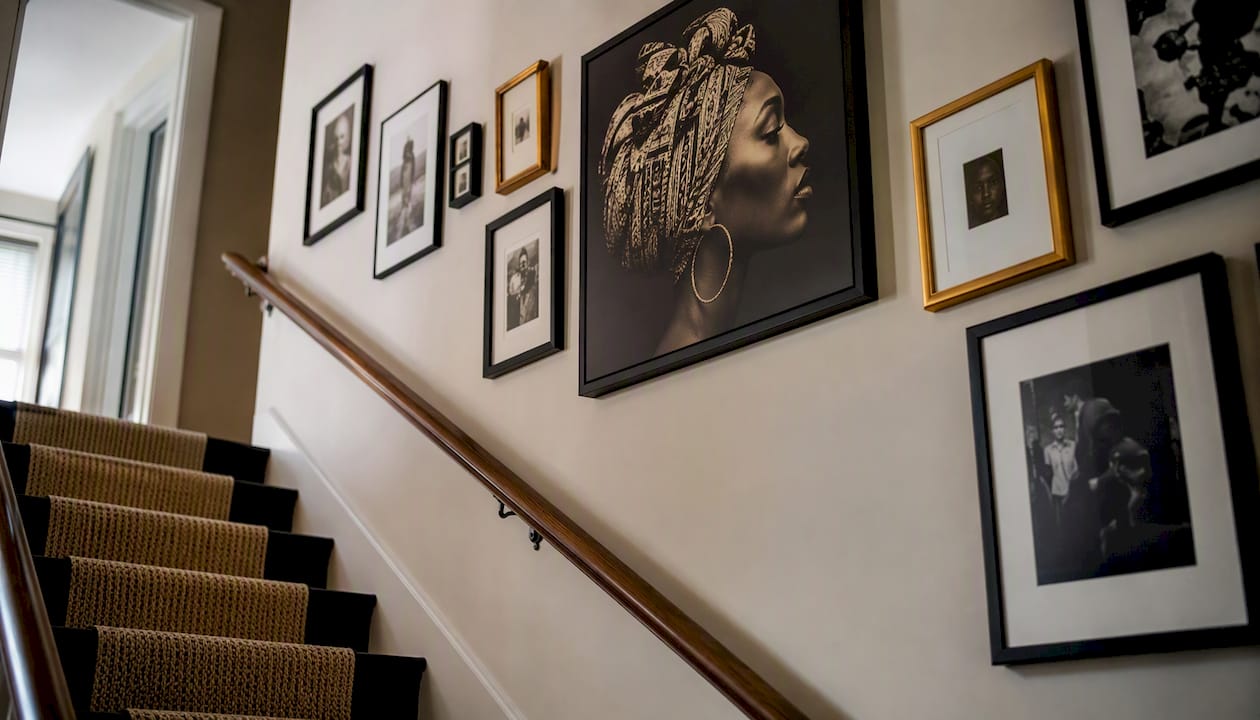 Modern minimalist gallery wall on staircase