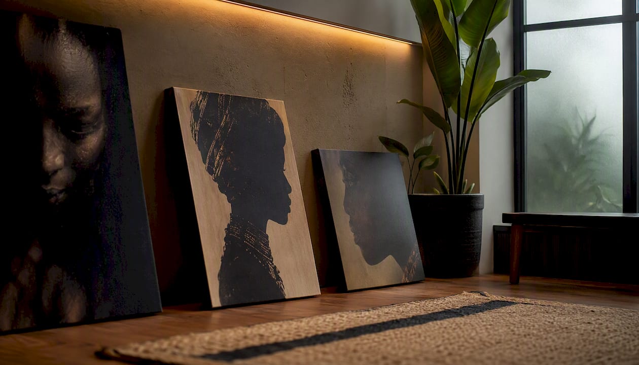 Art displayed indoors with controlled soft lighting