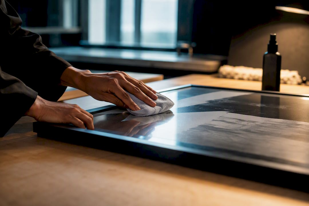 Hands cleaning acrylic frame glazing