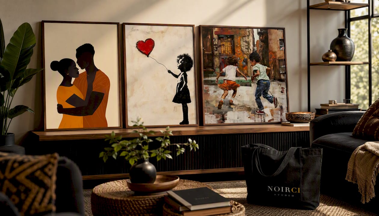 Black Love Couple Canvas Wall Art Print - Held Close | Noirci Studio