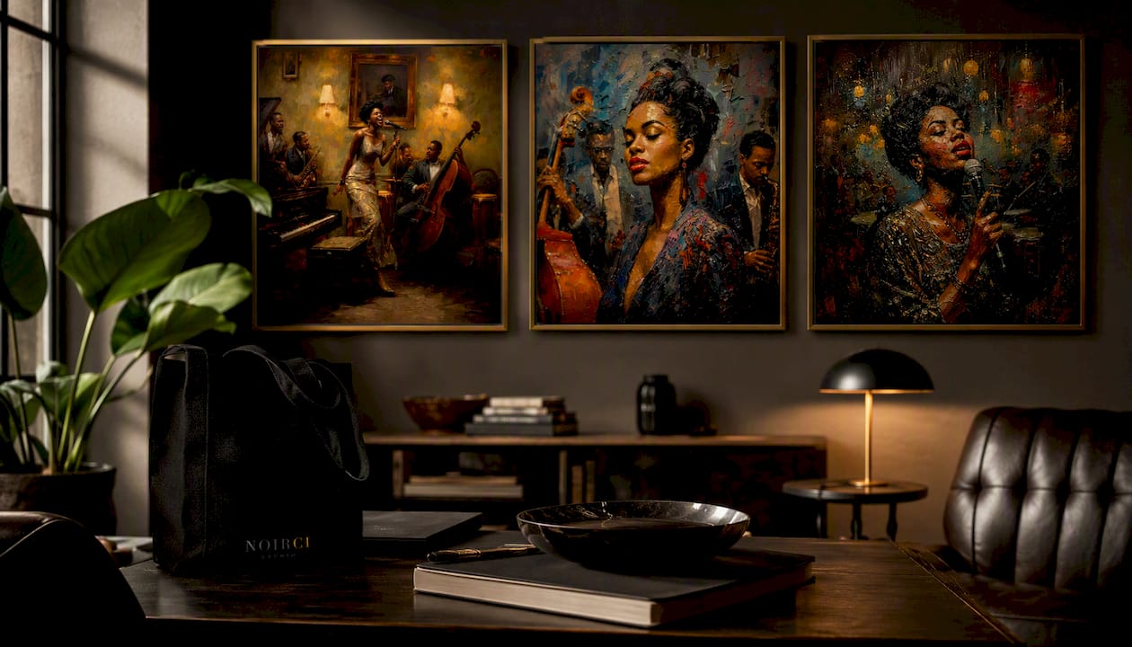 Harlem Renaissance jazz ensemble performing in a club interior, acrylic on canvas in dark wooden frame, warm amber and deep indigo palette, by Noirci Studio