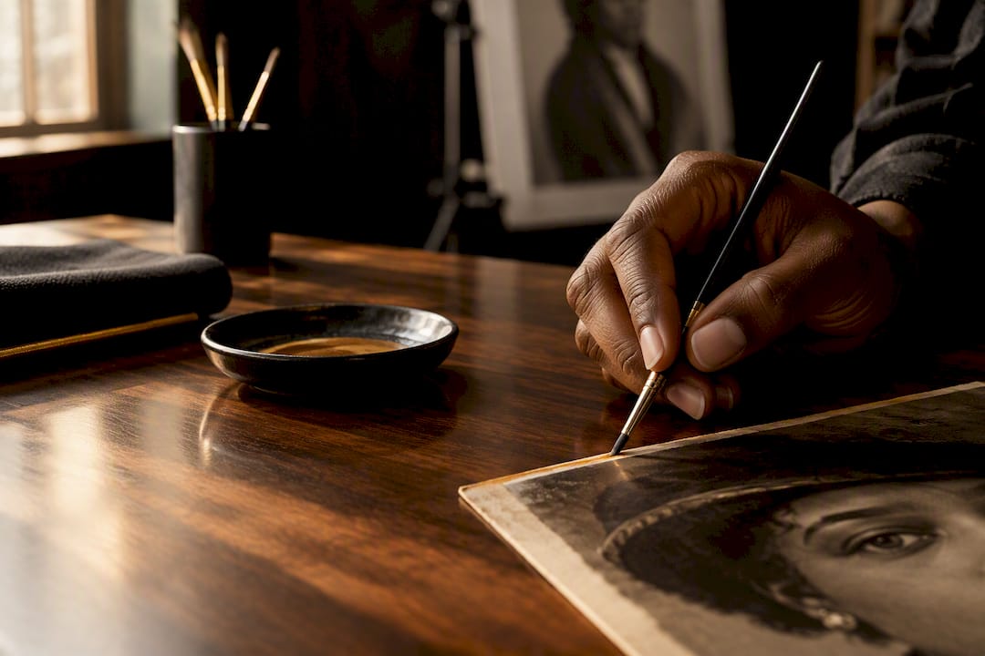 Conservator hand-tinting cropped portrait photograph