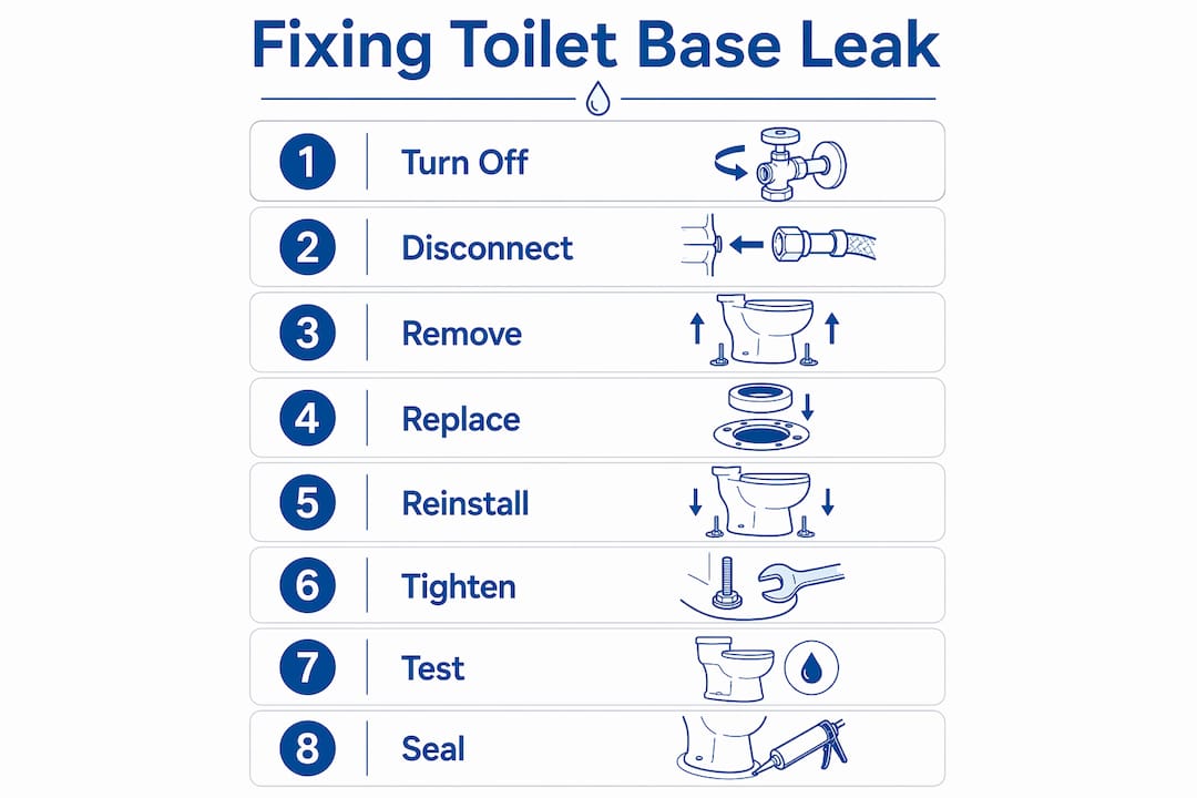 Infographic showing step-by-step guide to fixing a toilet base leak