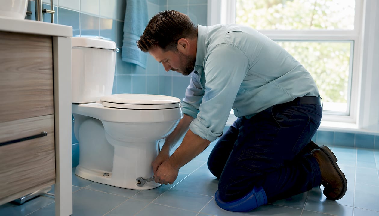 Hands tightening bolts on toilet base