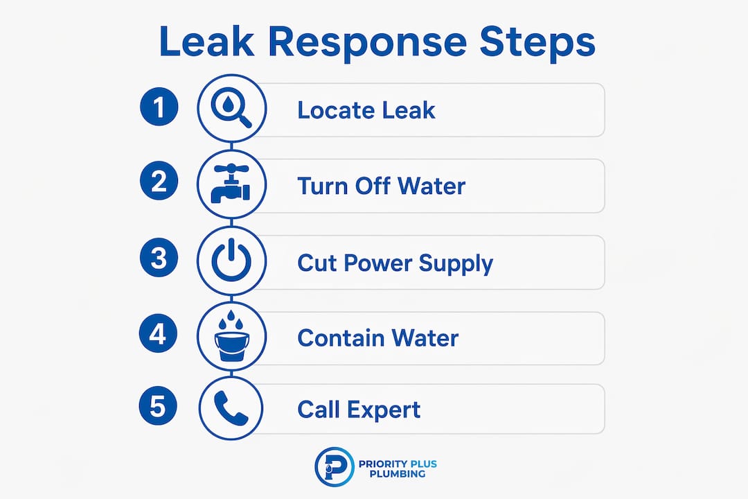 Infographic showing steps for hot water system leak response