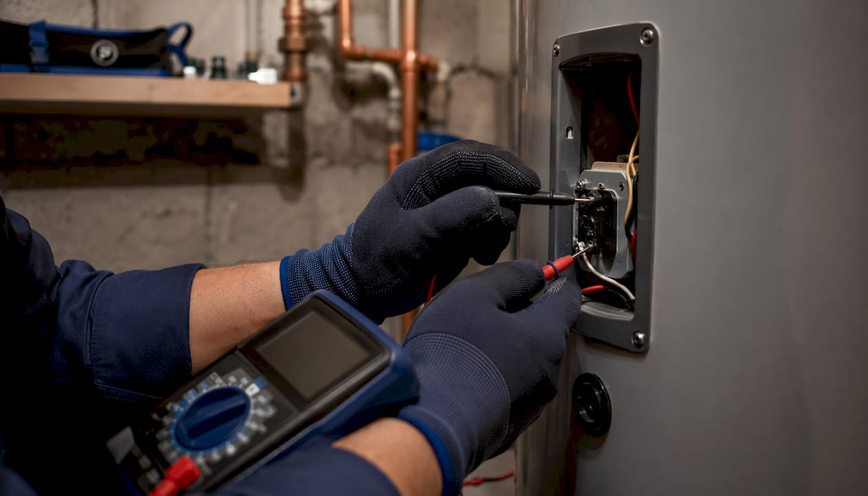 Hands testing electric water heater thermostat