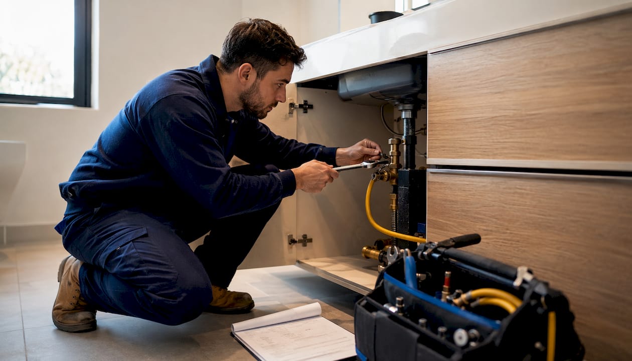 Plumber tightening gas pipe under kitchen sink